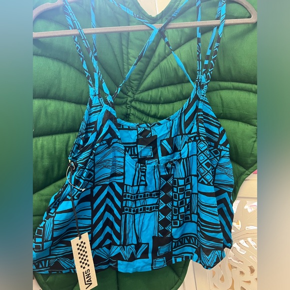 NWT Vans women’s crop straps flowy tank top. Blue and black geometric print. Med - Picture 2 of 5